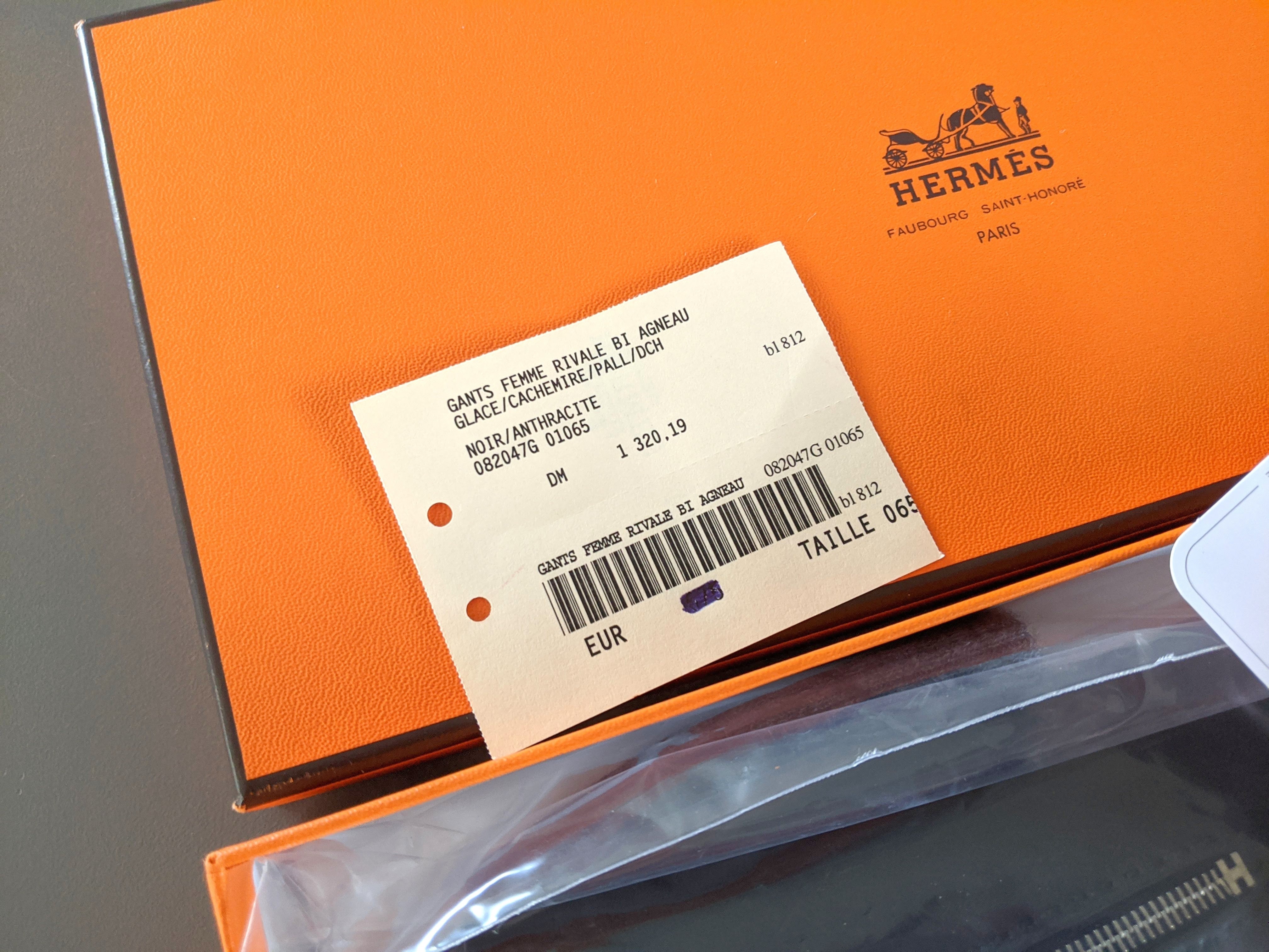 Hermes [GL02] Women's Noir/Anthracite GANTS FEMME RIVALE BI AGNEAU GLACE/CACHEMIRE Gloves, BNWTIB!