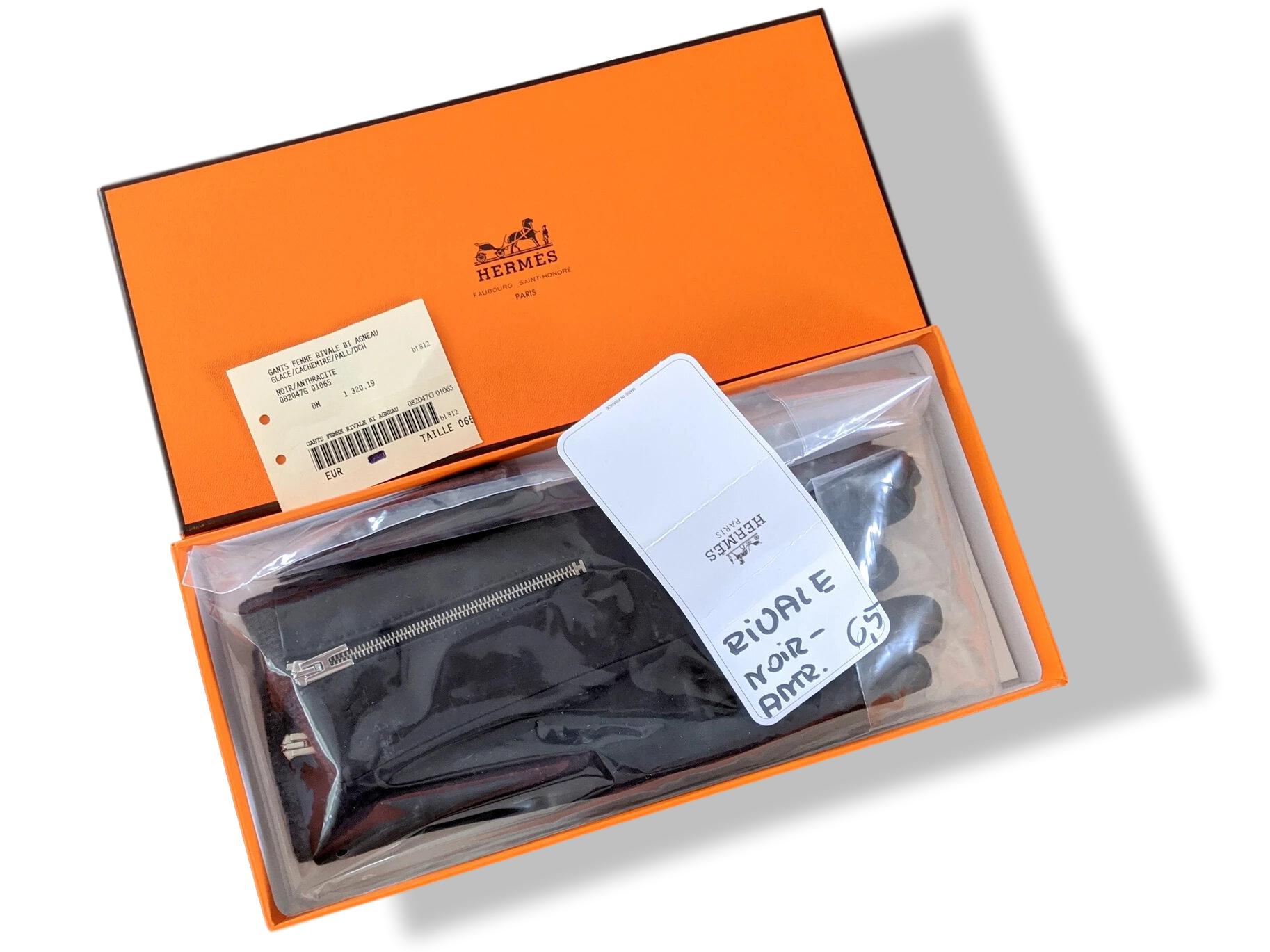 Hermes [GL02] Women's Noir/Anthracite GANTS FEMME RIVALE BI AGNEAU GLACE/CACHEMIRE Gloves, BNWTIB!