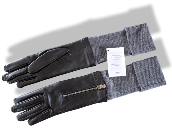 Hermes [GL02] Women's Noir/Anthracite GANTS FEMME RIVALE BI AGNEAU GLACE/CACHEMIRE Gloves, BNWTIB!