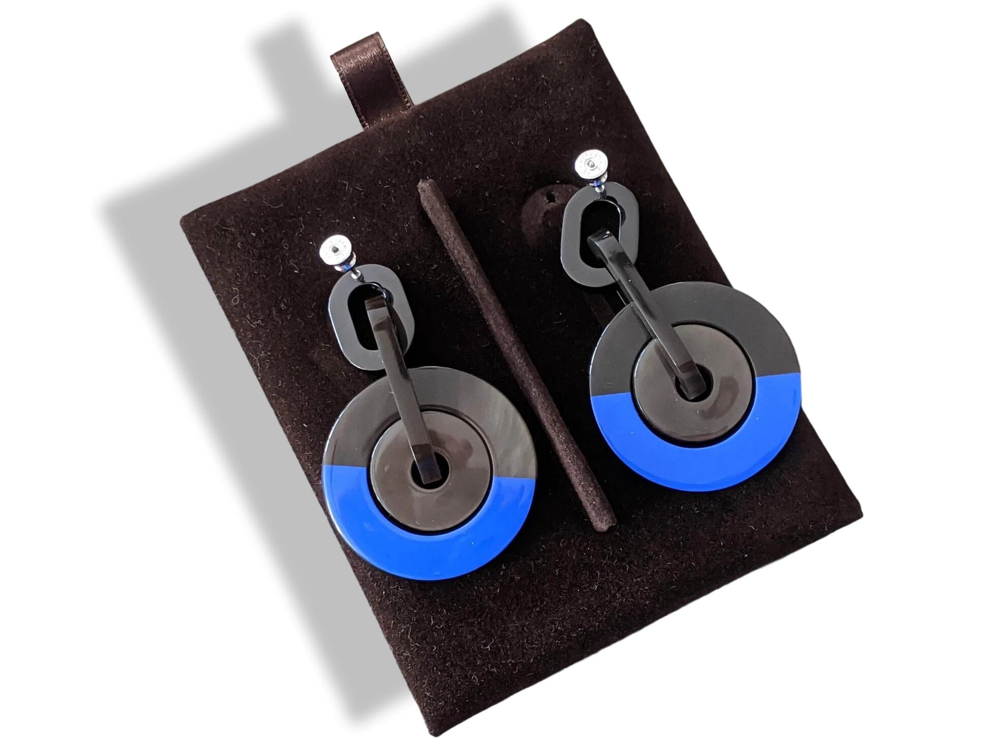 Hermes [J07] Jaune Tennis/Bleu Ocean Laquered Horn ECLIPSE Drop Earrrings, BNWTIB!