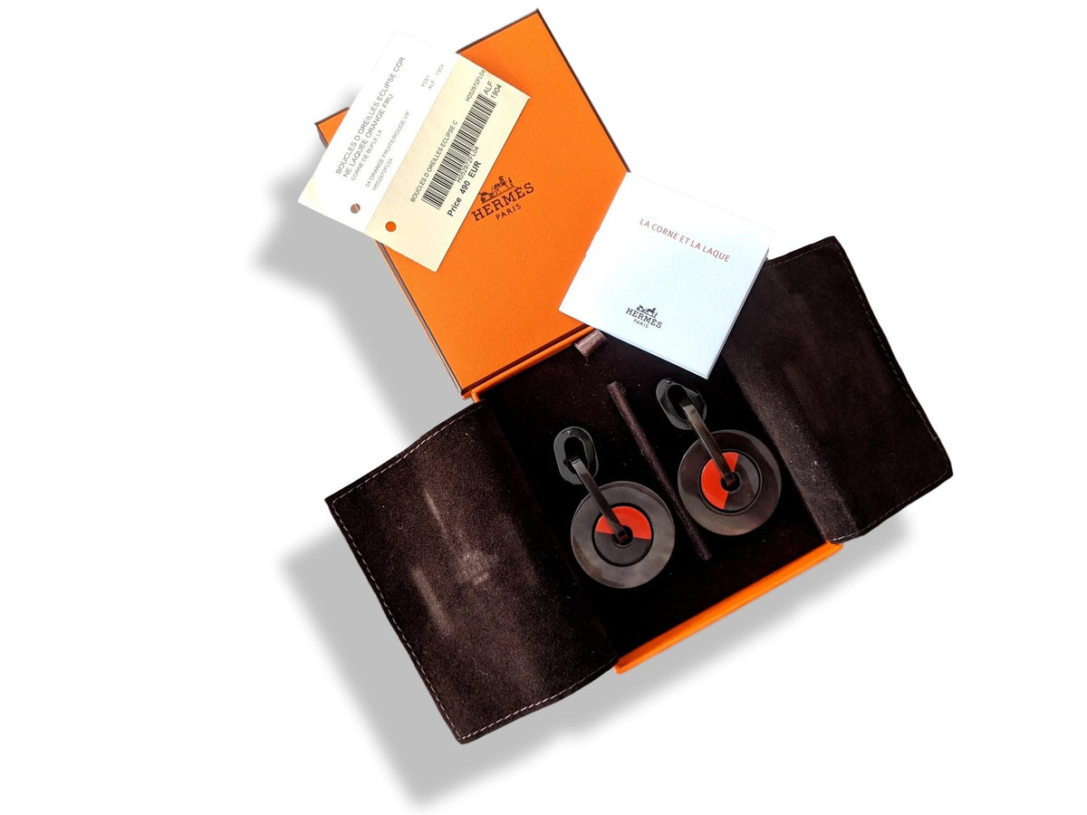 Hermes [J08] Orange/Red Laquered Horn ECLIPSE Drop Earrrings, NWTIB!
