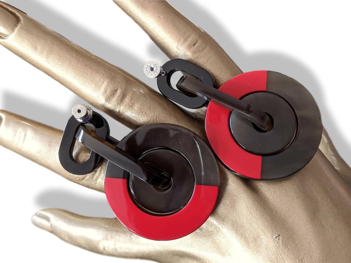 Hermes [J08] Orange/Red Laquered Horn ECLIPSE Drop Earrrings, NWTIB!