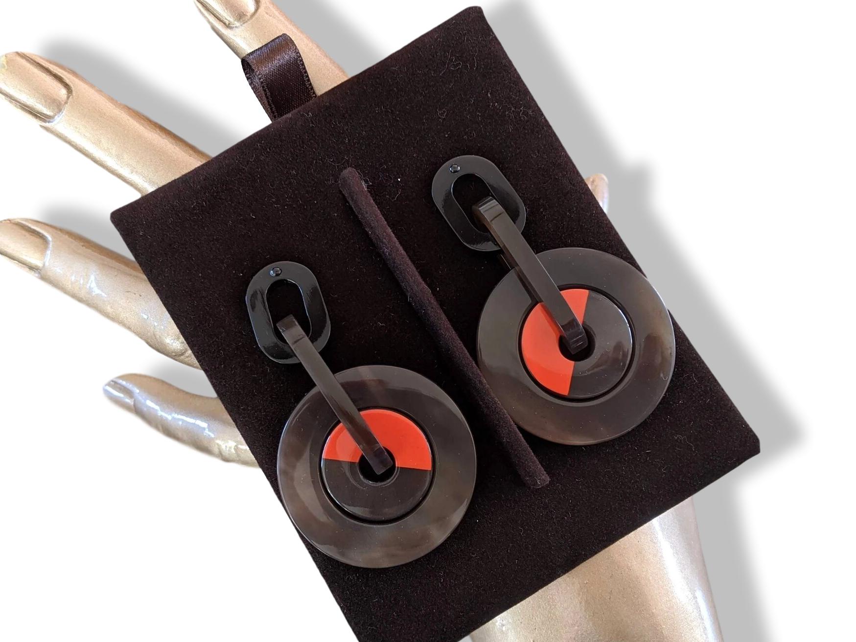 Hermes [J08] Orange/Red Laquered Horn ECLIPSE Drop Earrrings, NWTIB!