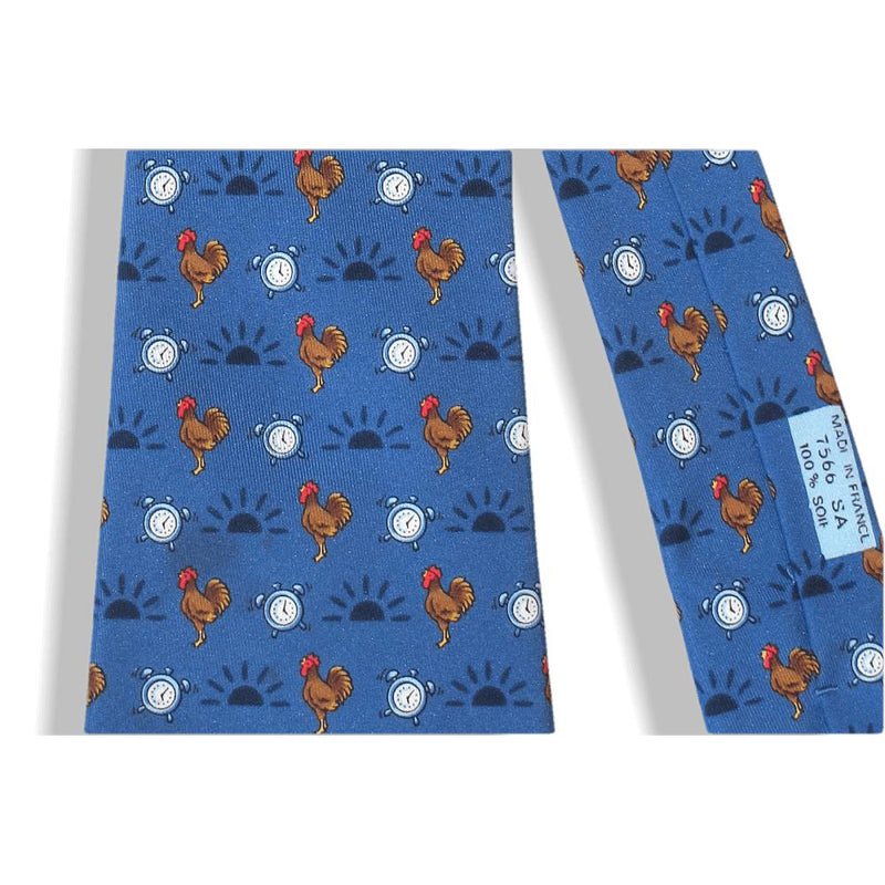 Hermes Blue Chickens Animal Twill Silk Tie