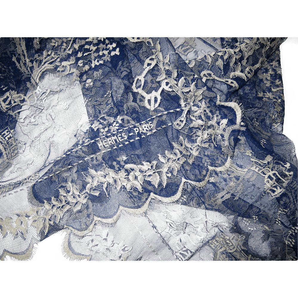 Hermes Vintage Blue Lace Dentelles Embroidered Stole 