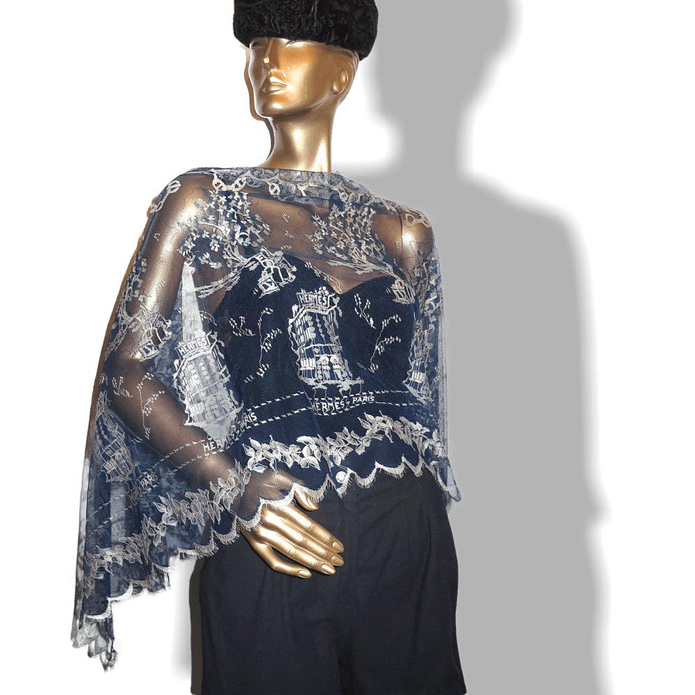 Hermes Vintage Blue Lace Dentelles Embroidered Stole 