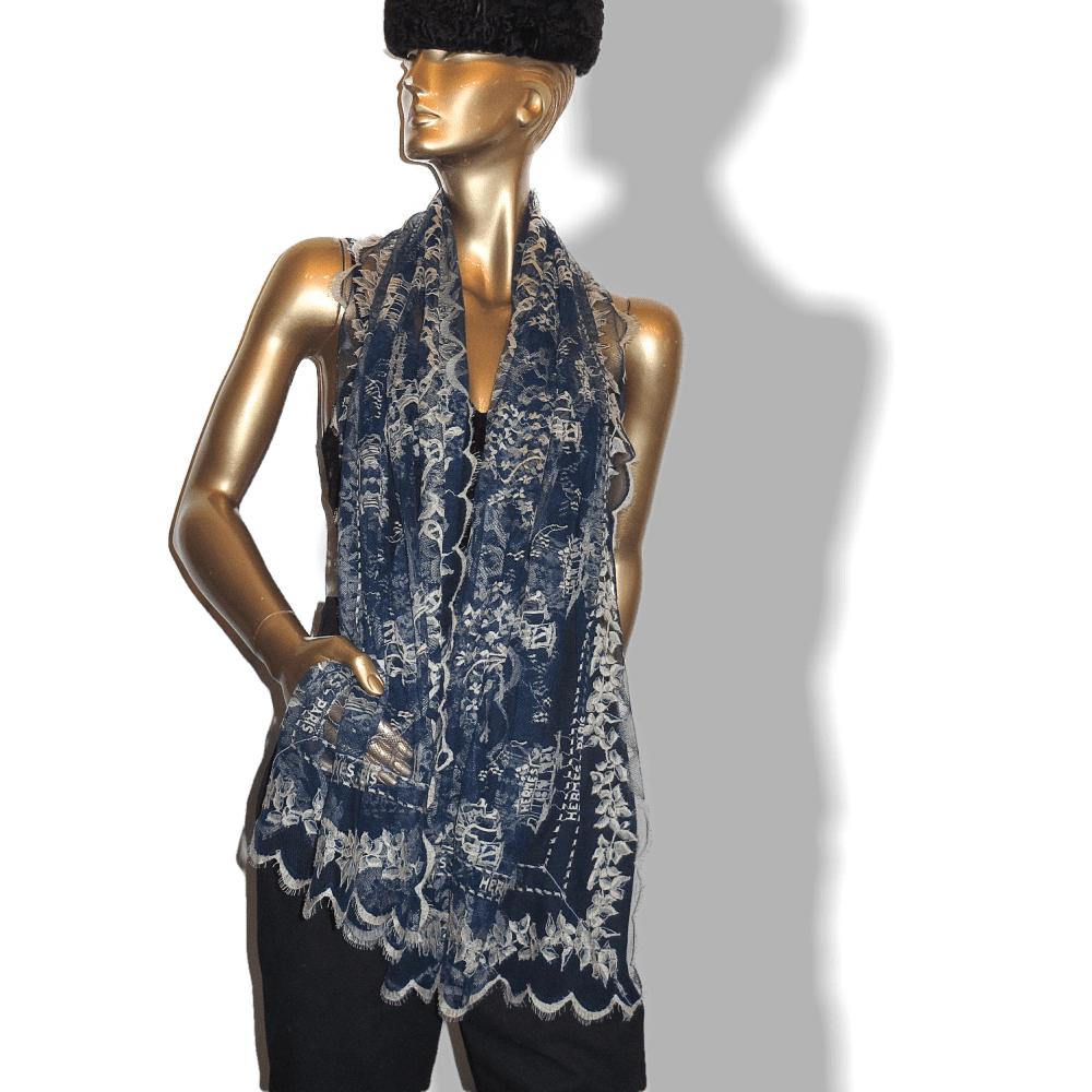 Hermes Vintage Blue Lace Dentelles Embroidered Stole 