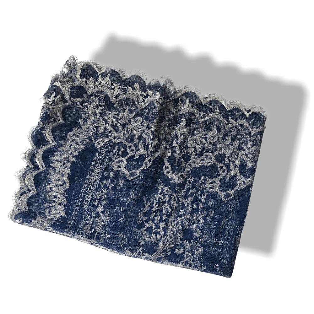 Hermes Vintage Blue Lace Dentelles Embroidered Stole 