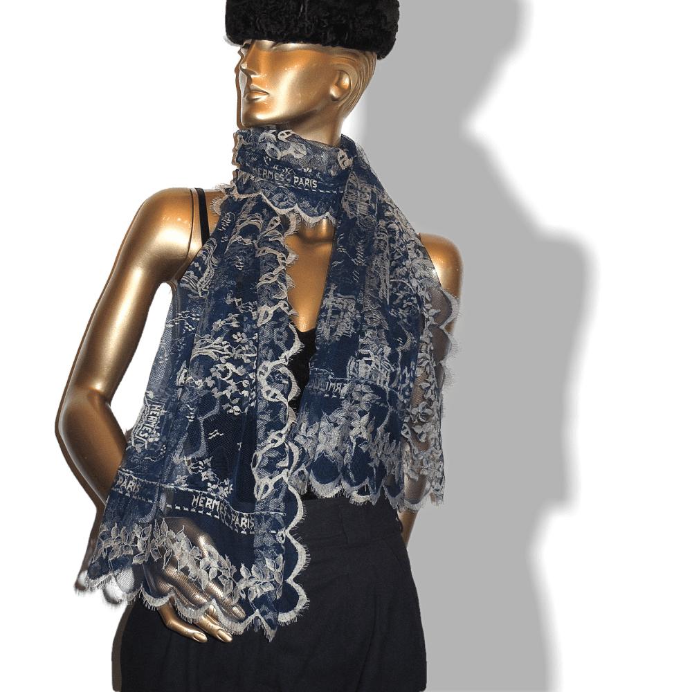 Hermes Vintage Blue Lace Dentelles Embroidered Stole 