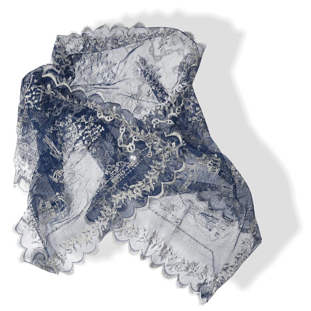 Hermes Vintage Blue Lace Dentelles Embroidered Stole 