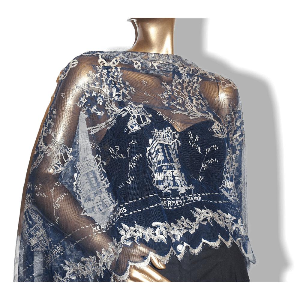 Hermes Vintage Blue Lace Dentelles Embroidered Stole 