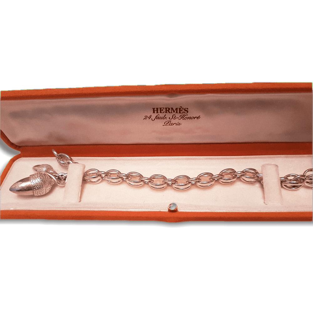 Hermes Vintage Impressive Sterling Silver Acorns Charms Bracelet GM