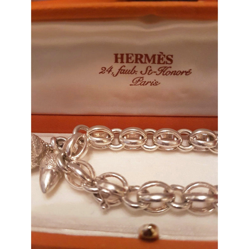 Hermes Vintage Impressive Sterling Silver Acorns Charms Bracelet GM
