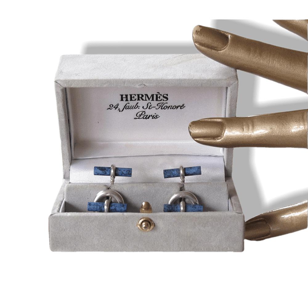 Hermes Croisette Vintage Sterling Silver & Agate Rare Cufflinks