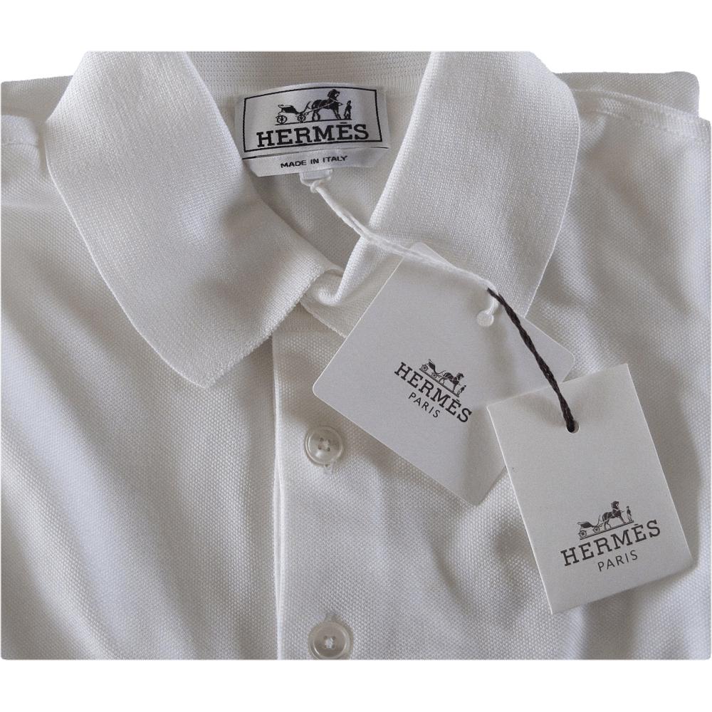 Hermes White Cotton Pique H Embroidered Buttoned Polo Shirt SzS