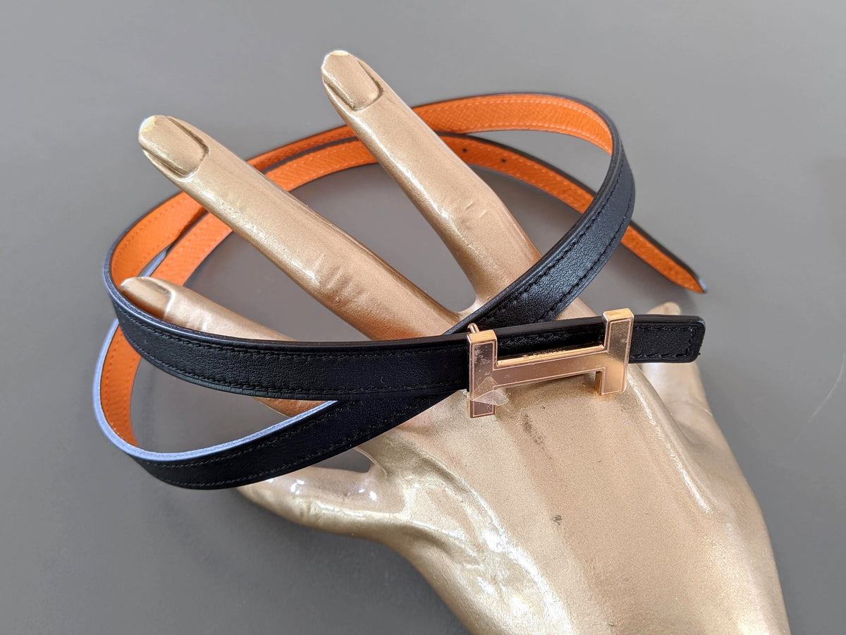 Hermes [187] Noir/Orange Swift/Epsom Plated Pink Gold FOCUS Complete Belt Reversible 13 MM Sz 080, BNIB!