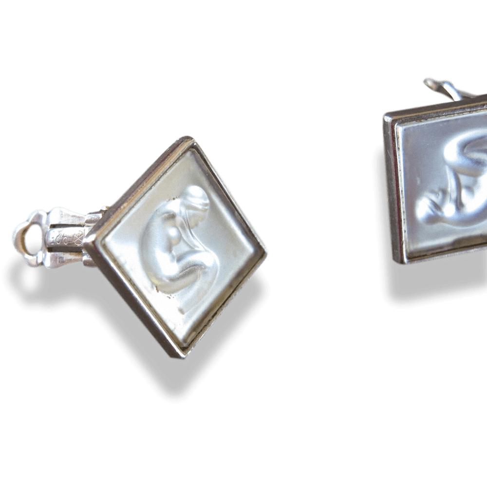 Lalique Silver 800 Nude Poured and Pearly Glass Crystal Clip on Earrings, Box!