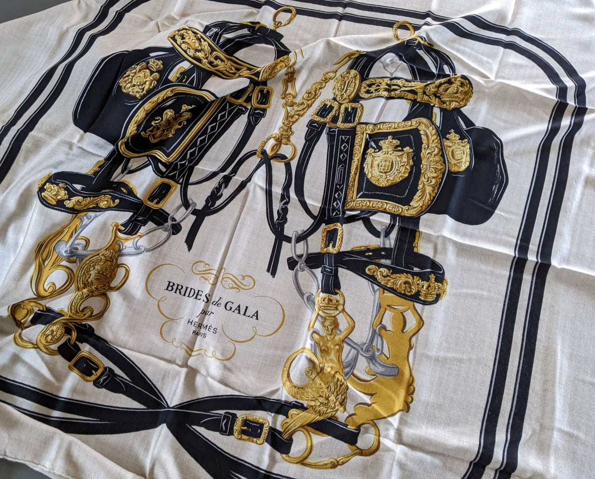 Hermes Naturel/Noir/Or BRIDES DE GALA by Hugo Grygkar Cashmere 65%/35% Silk Shawl 140 RARE!