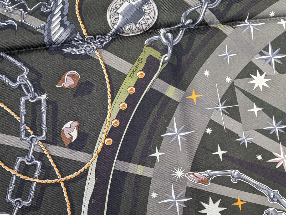 Hermes Kaki/Antracite/Orange "C'est la Fete" by Daiske Nomura Double Face Twill Scarf 90cm