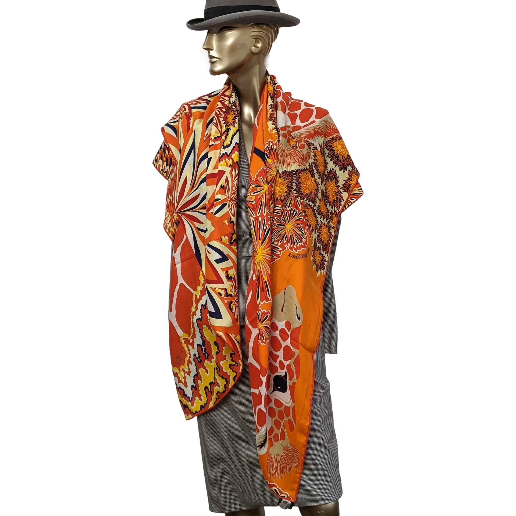 Hermes Orange/Capucine/Marine Girafes "The Three Graces" by Alice Shirley Cashmere Shawl 140
