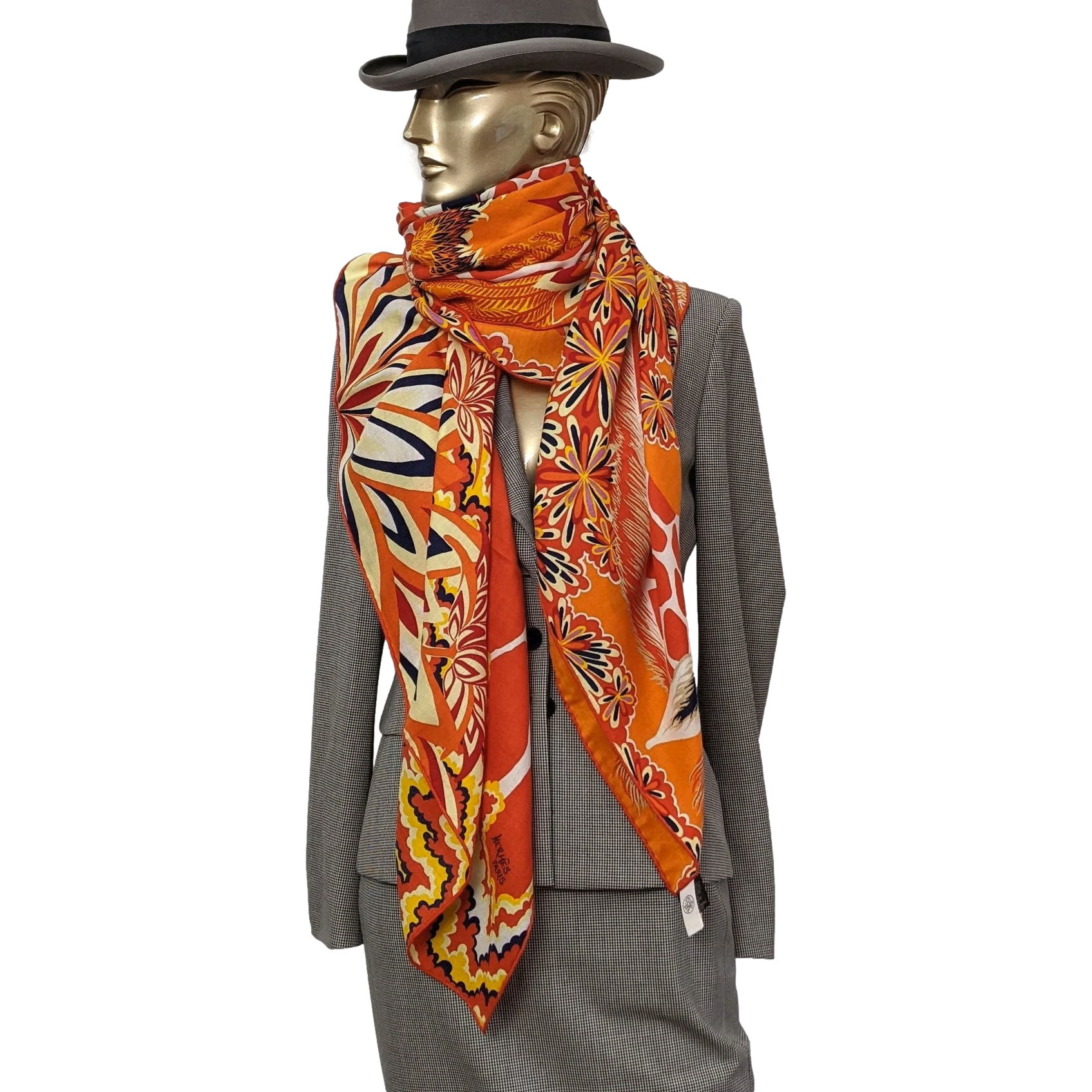 Hermes Orange/Capucine/Marine Girafes "The Three Graces" by Alice Shirley Cashmere Shawl 140