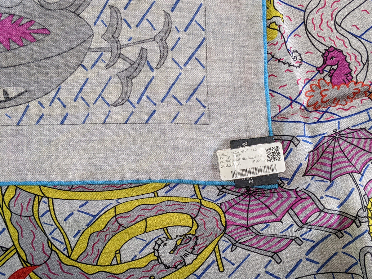Hermes [C213] Chine/Bleu Turquoise "Splash Park" by Jacqueline Colley Cashmere 140 cm