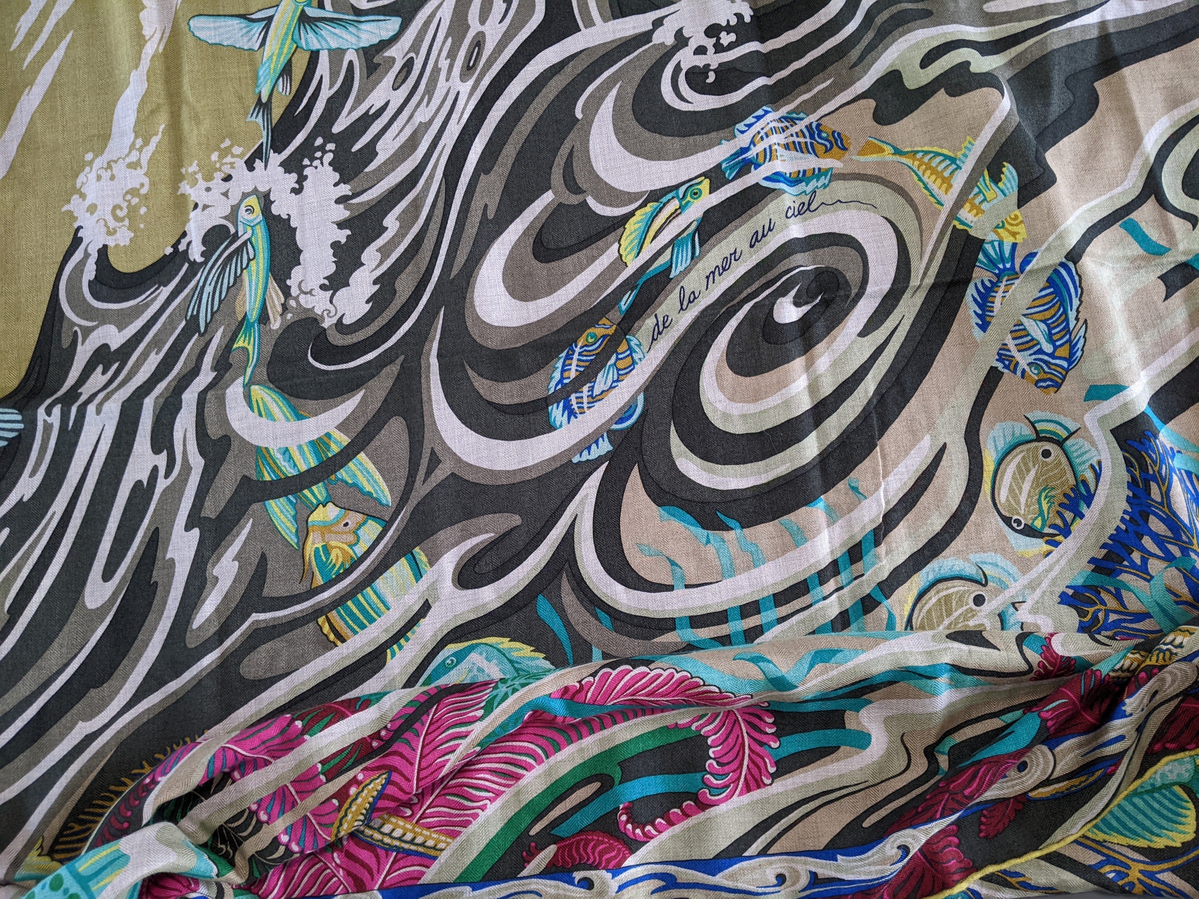 Hermes 2014 Kaki/Vert/Fuchsia "De la Mer au Ciel" by Toutsy Cashmere Shawl 140