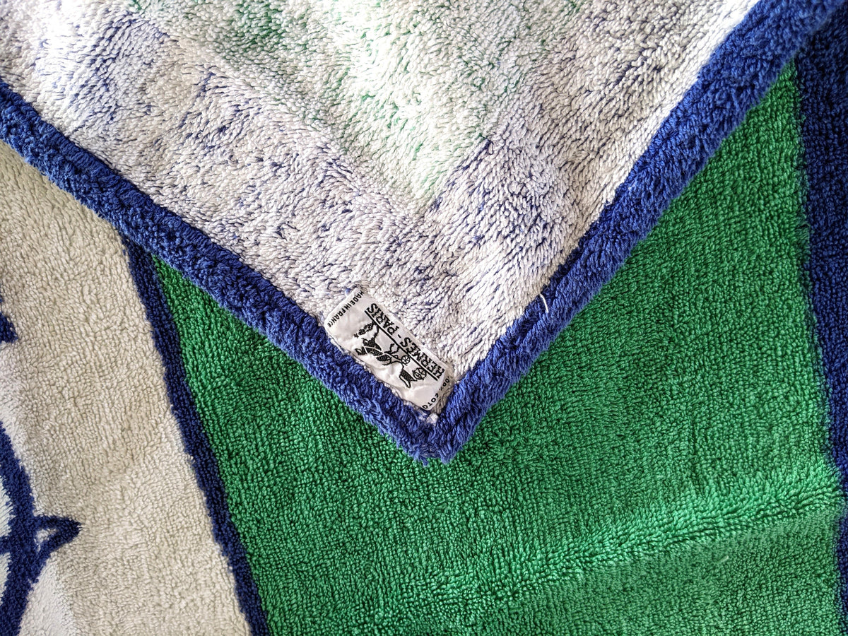 Hermes Bleu/Vert/Blanc "Caleche" Terry  Beach Towel 150 x 90 cm