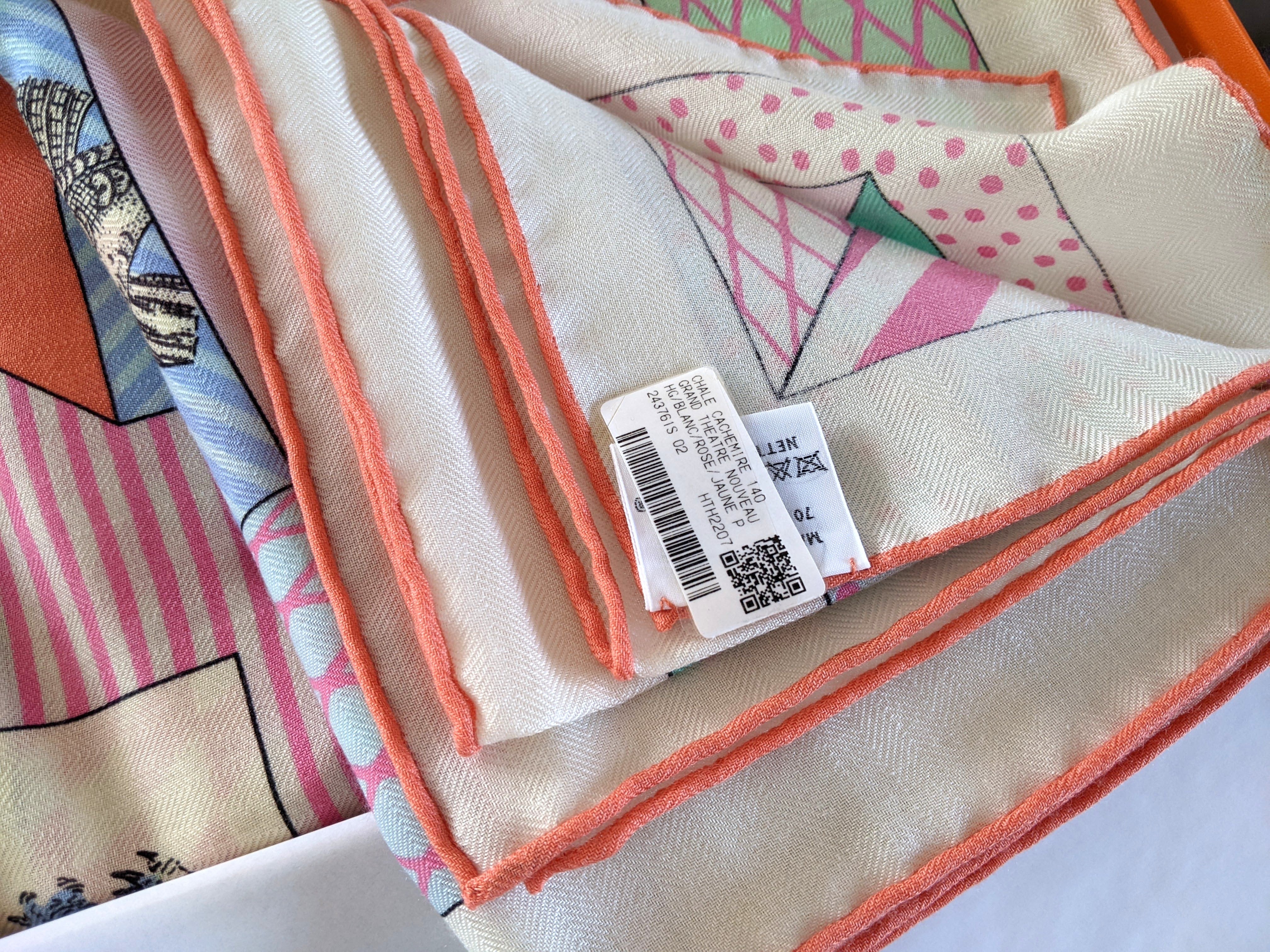 Hermes [C215] Blanc/Rose/Jaune Pale "Grand Theatre Nouveau" by Gianpaolo Pagni Cashmere Shawl 140