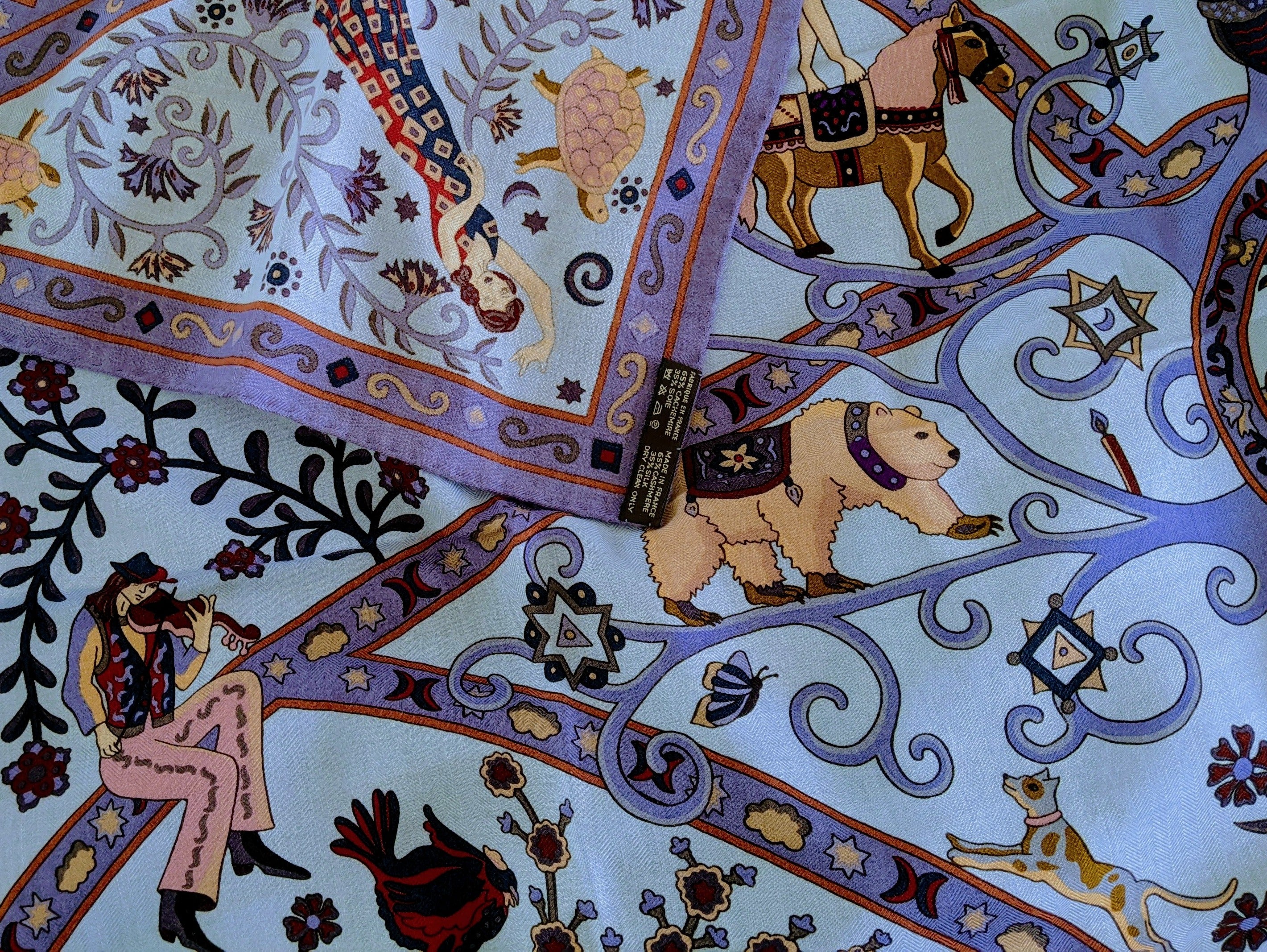 Hermes 2009 Bleu Ciel/Parme "Peuple du Vent" by Christine Henry Cashmere Shawl 140