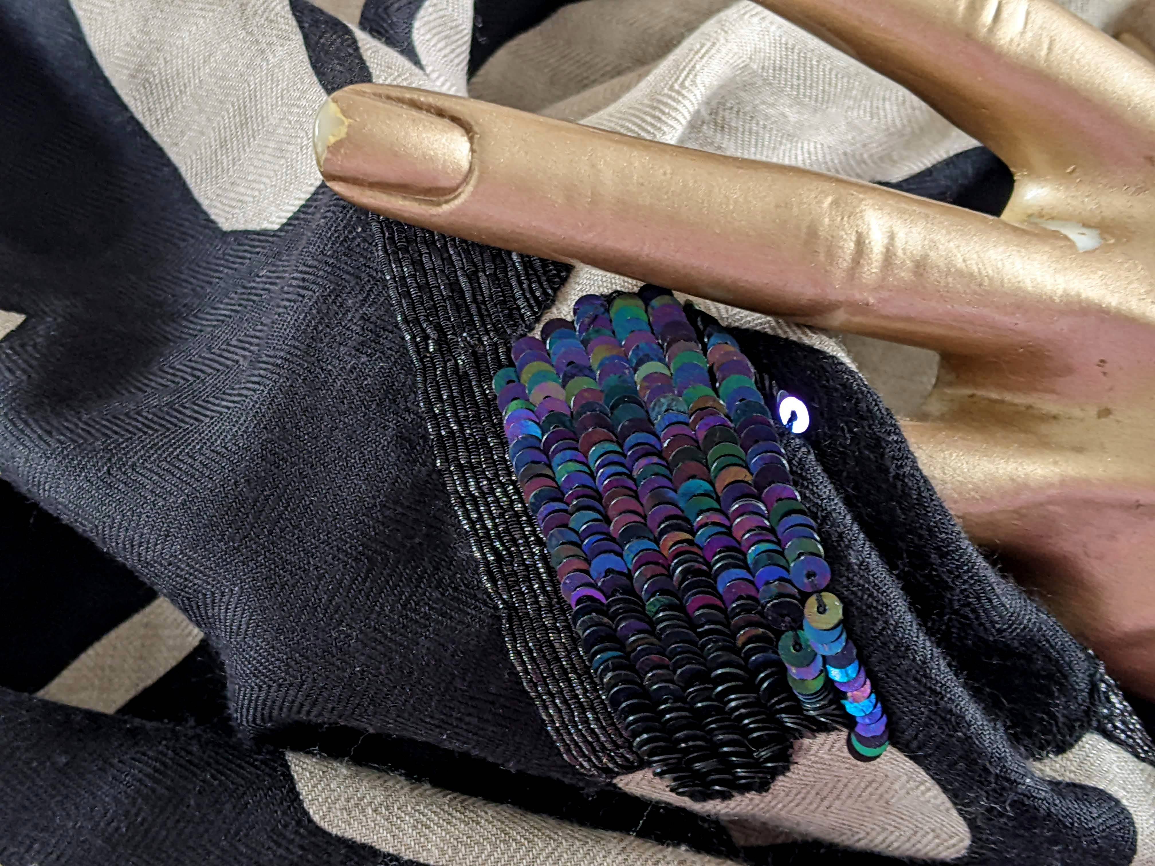 Hermes 2008 Precious Shiny Noir/Naturel Embroidered "Brides de Gala en Desordre" Cashmere Shawl 140