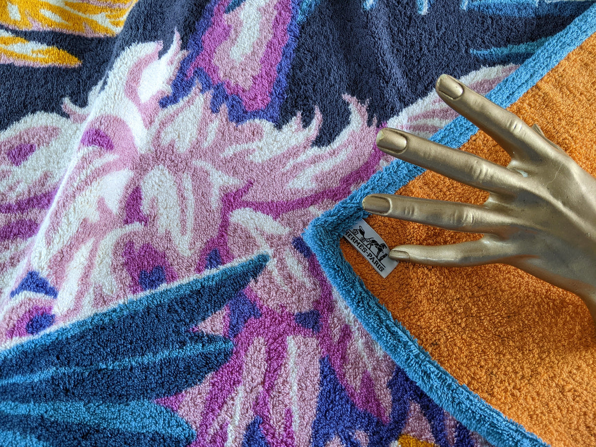 Hermes Turquoise Fonce/Violet Cotton Terry "Flamingo Party" by Laurence Bourthoumieux Beach Towel 90 x 150 cm