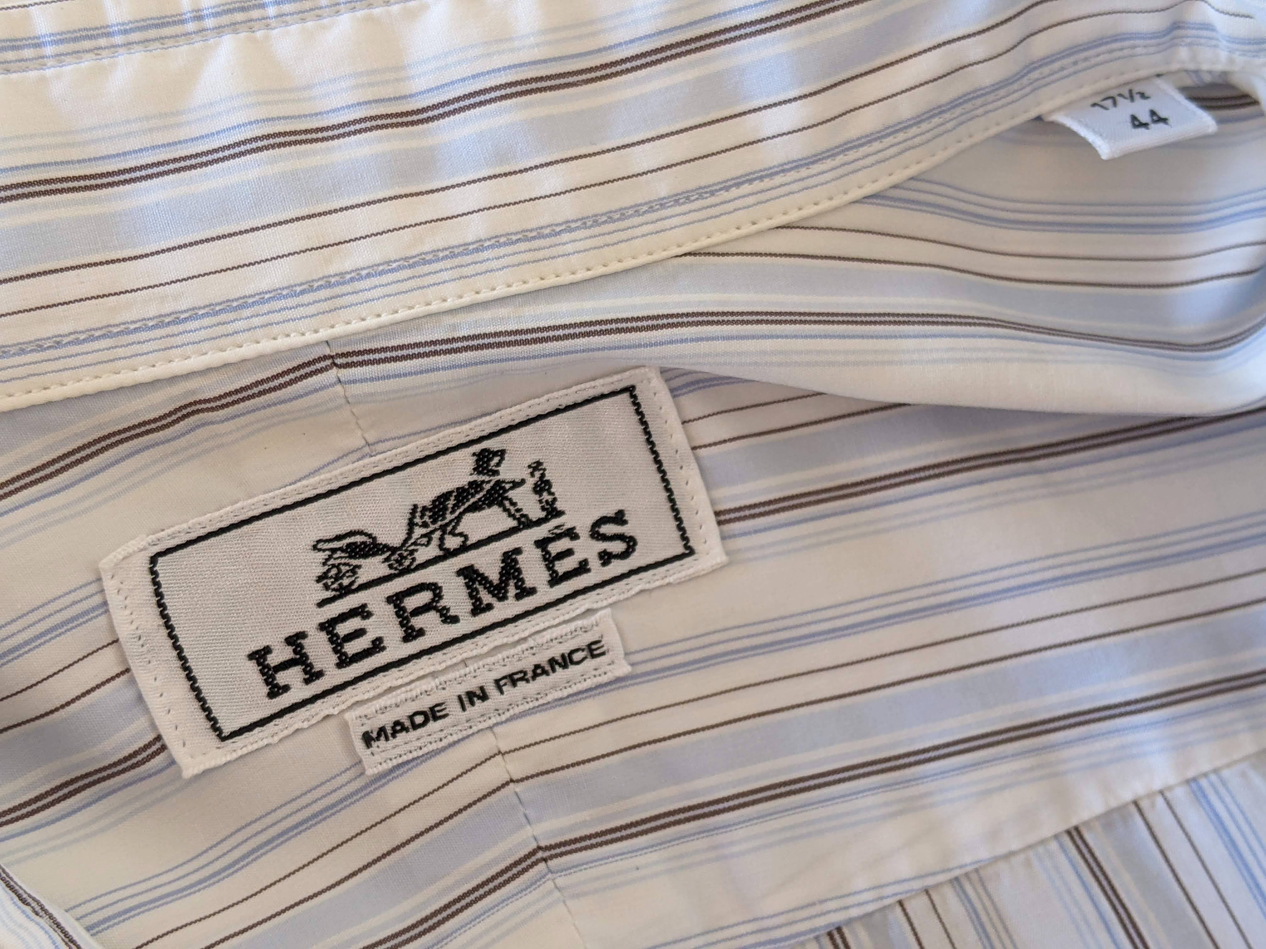 Hermes Men's Blue Lined Cotton Long Sleeves Shirt, Sz44