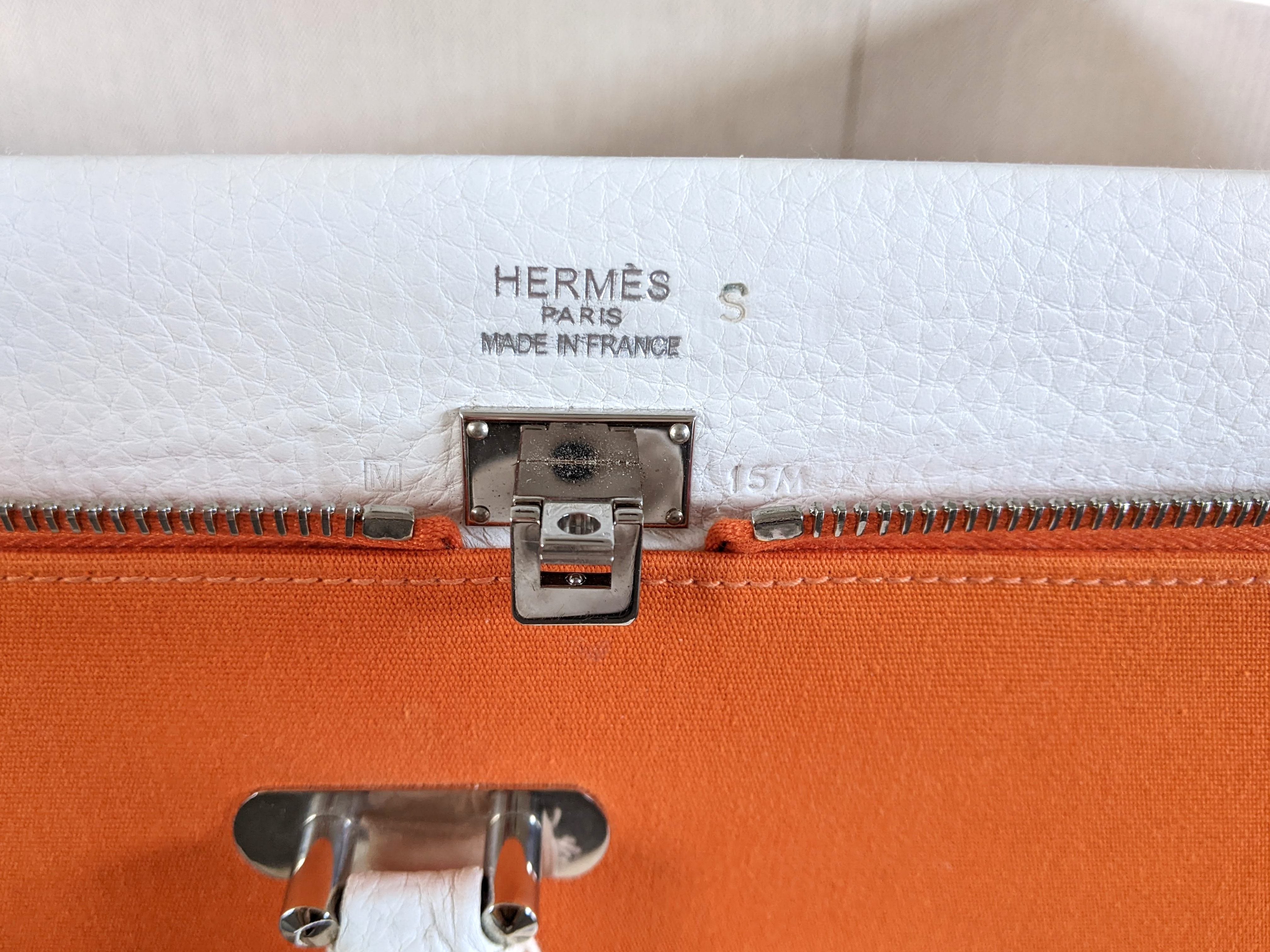 Hermes 2009 Orange/White "Suitcase H" Valise Toile Orange et Cuir Clemence Blanc PHW