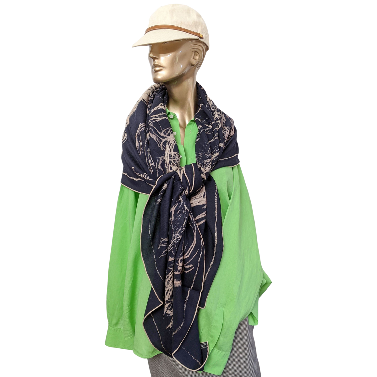 Hermes 2017 Marine/Naturel/Beige "Pirouette au Galop" by Jean-Louis Sauvat Cashmere Shawl 140 x 140 cm