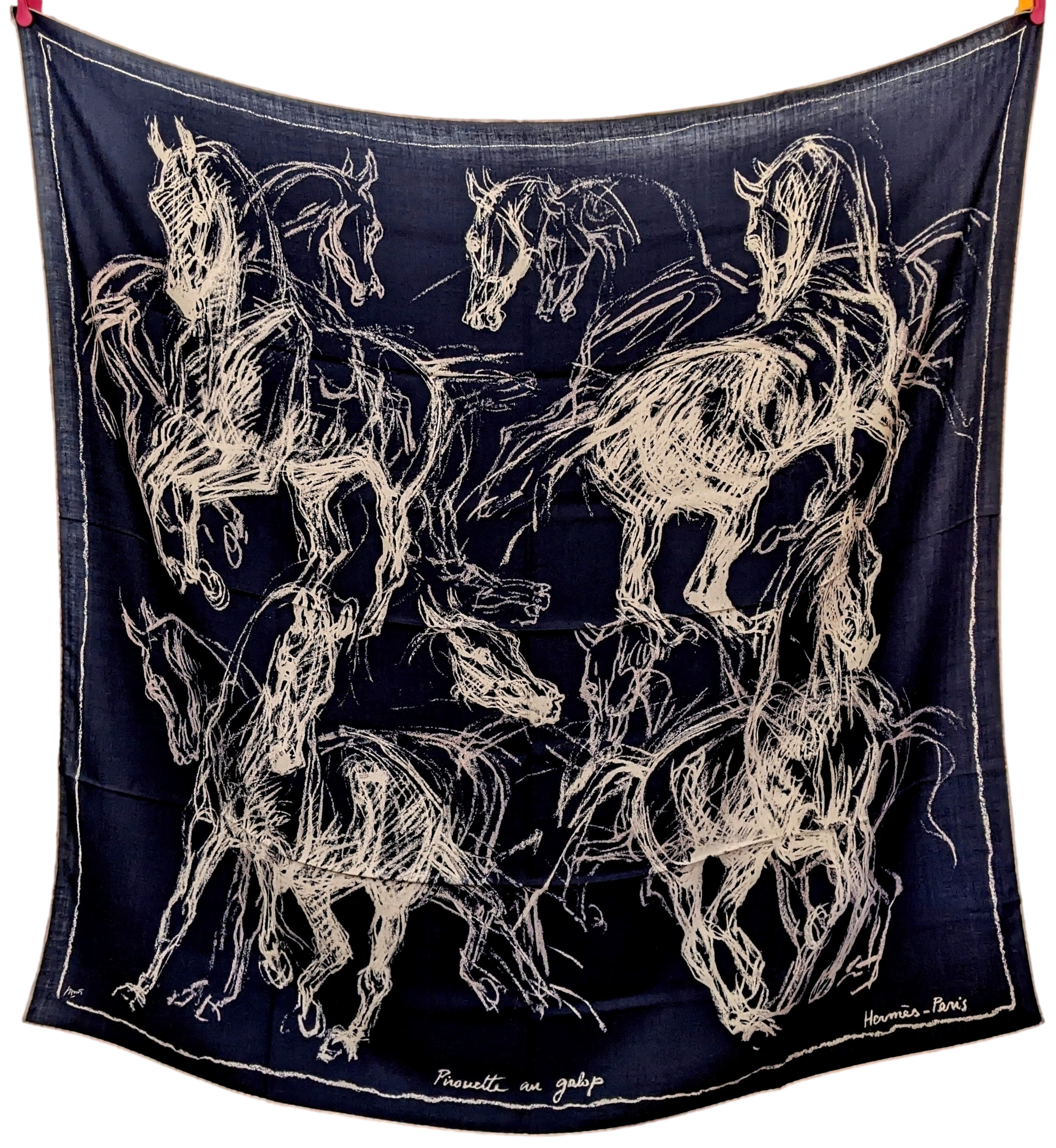 Produits Hermes 2017 Marine/Naturel/Beige "Pirouette au Galop" by Jean-Louis Sauvat Cashmere Shawl 140 x 140 cm