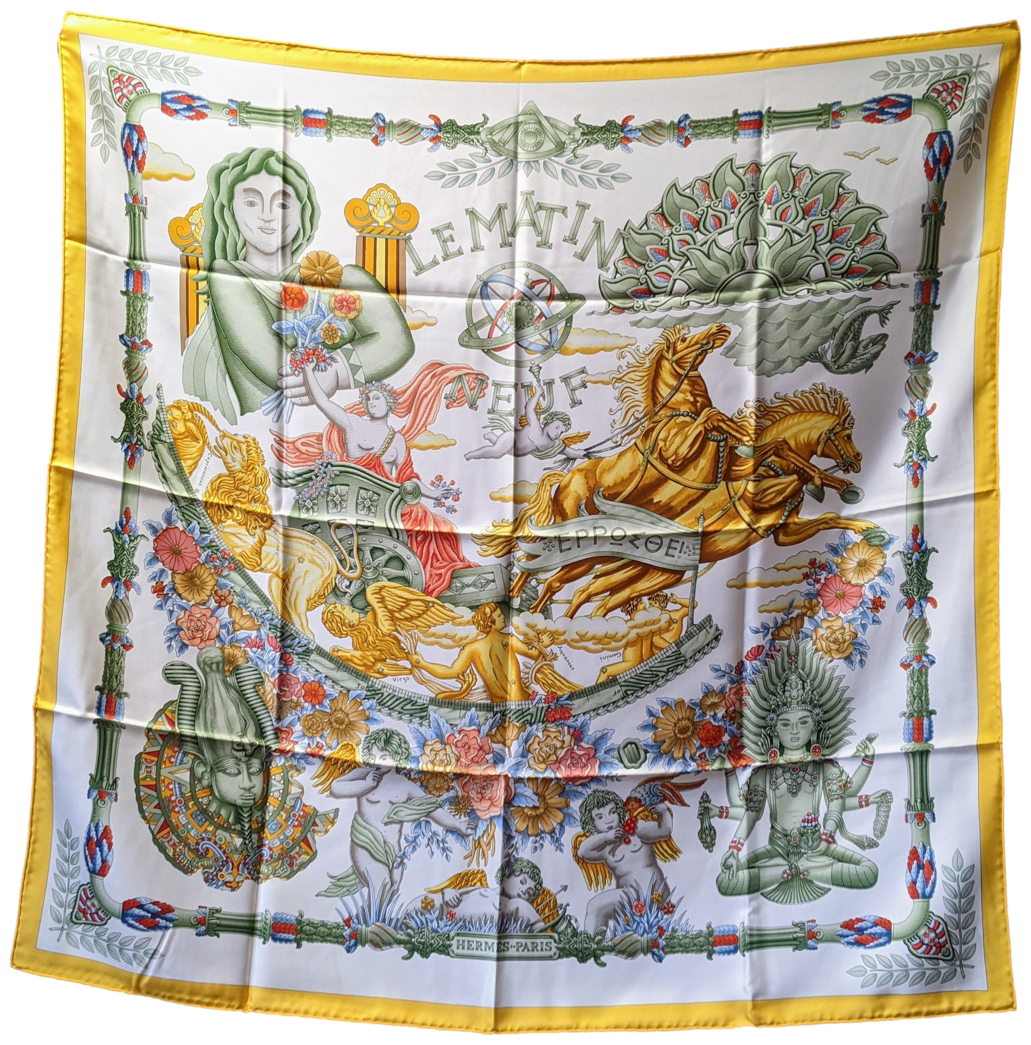 Hermes Jaune/Vert Hermes "Le Matin Neuf" Twill Scarf 90 x 90 cm