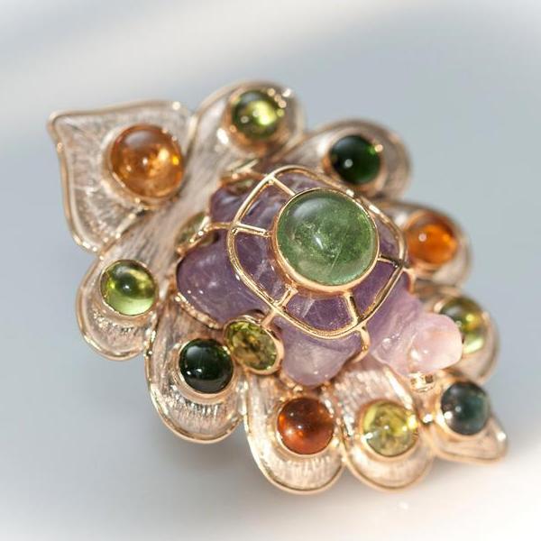Carole Midy for Pietra Dura Multigem Gem Turtle Ring, Huge! - poupishop