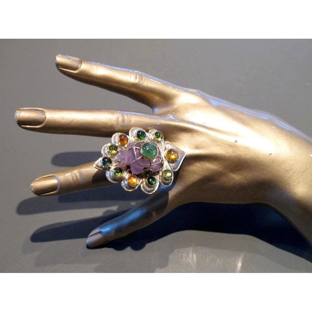 Carole Midy for Pietra Dura Multigem Gem Turtle Ring, Huge! - poupishop