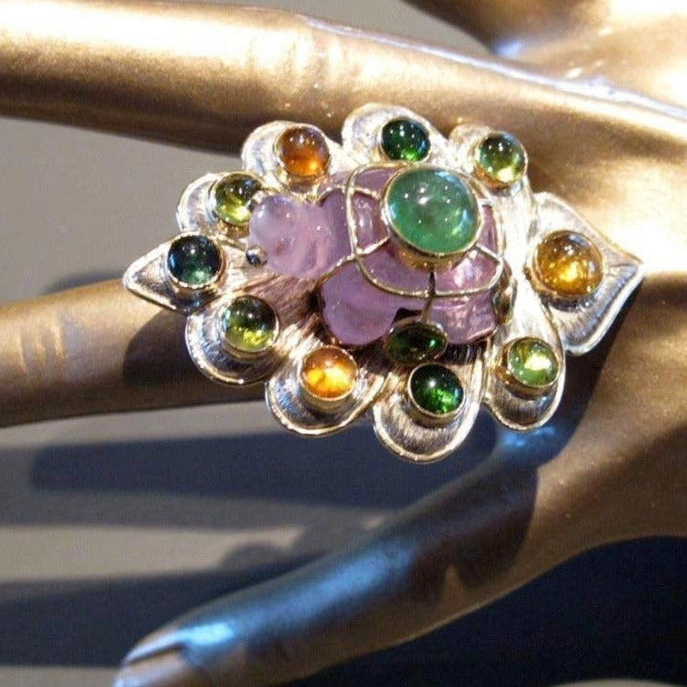 Carole Midy for Pietra Dura Multigem Gem Turtle Ring, Huge! - poupishop