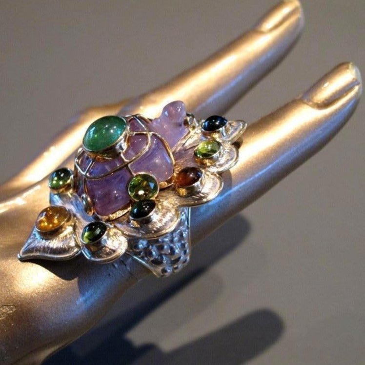 Carole Midy for Pietra Dura Multigem Gem Turtle Ring, Huge! - poupishop