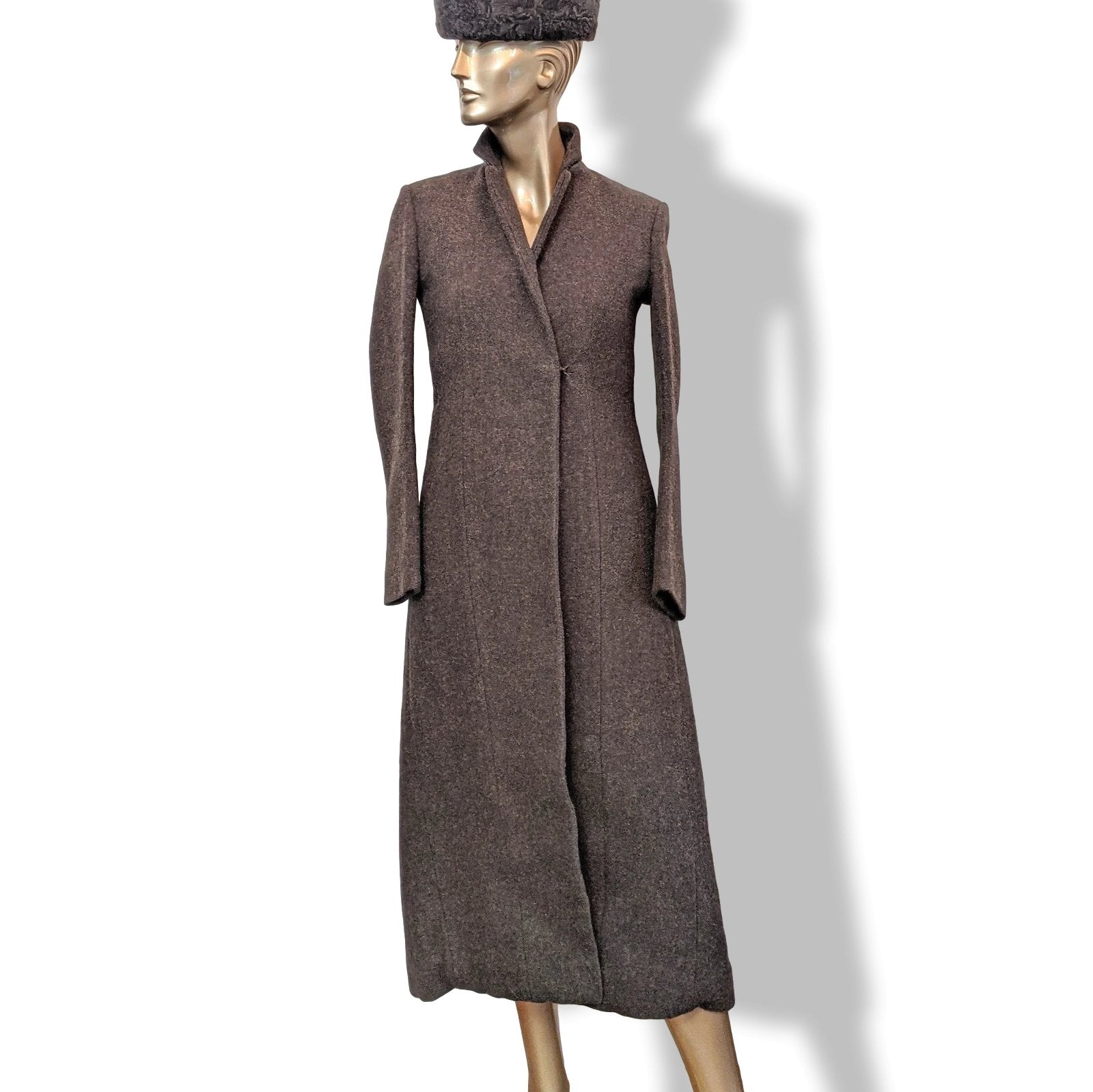 Celine Haute Couture Vintage Brown 100% Heather Wool Long Coat Sz 38 - poupishop