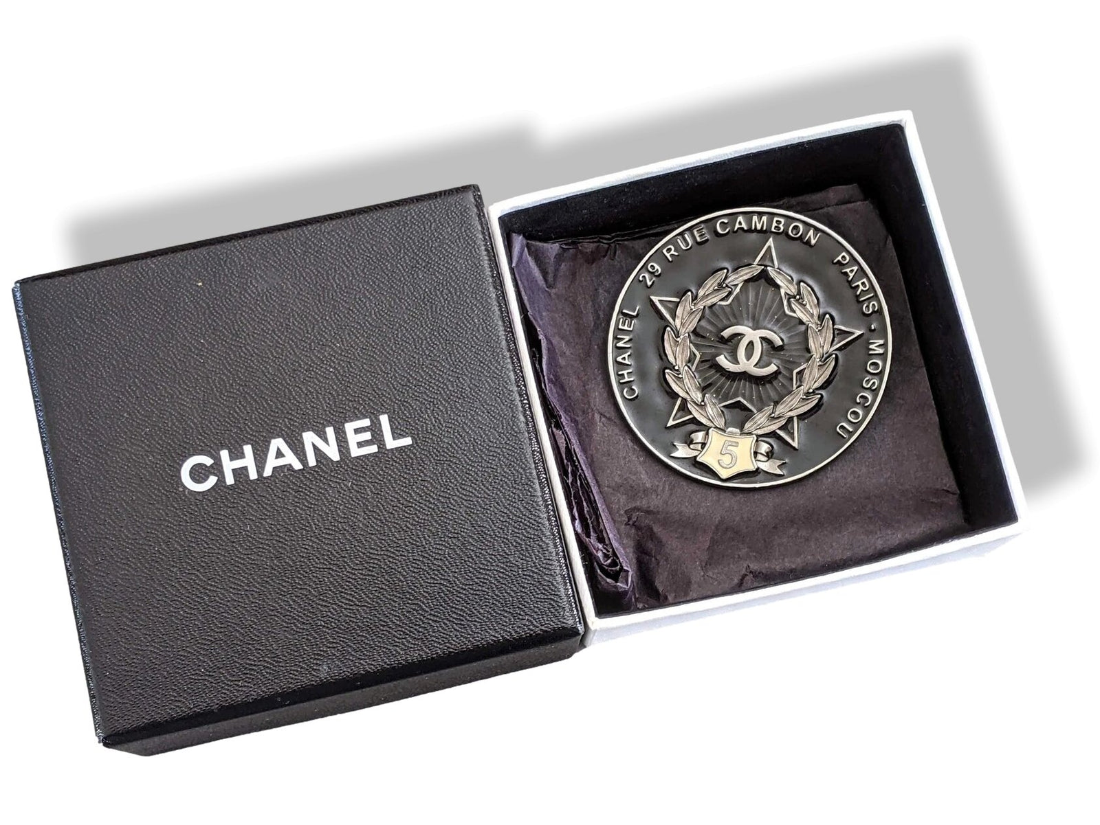 Chanel 2009 Black PARIS - MOSCOU Enamelled Brooch Rare in Box