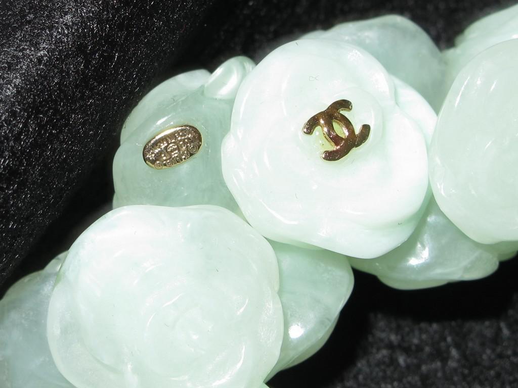 Chanel 2011 Celadon 'Poured Glass' Resine Camelias Bracelet, NIB! - poupishop