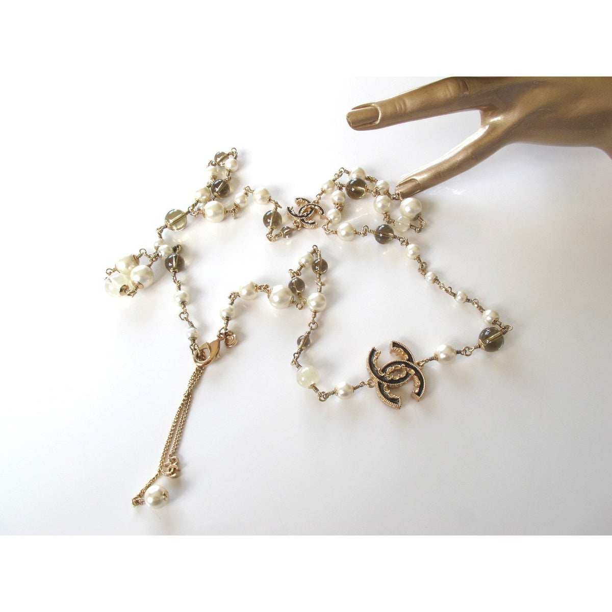 Chanel 2013 Aged Gold Long Sautoir Poured Glass Pearls Gripoix Enamel CC, Box! - poupishop