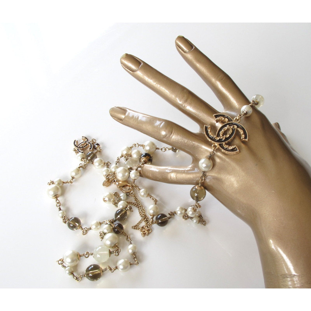 Chanel 2013 Aged Gold Long Sautoir Poured Glass Pearls Gripoix Enamel CC, Box! - poupishop