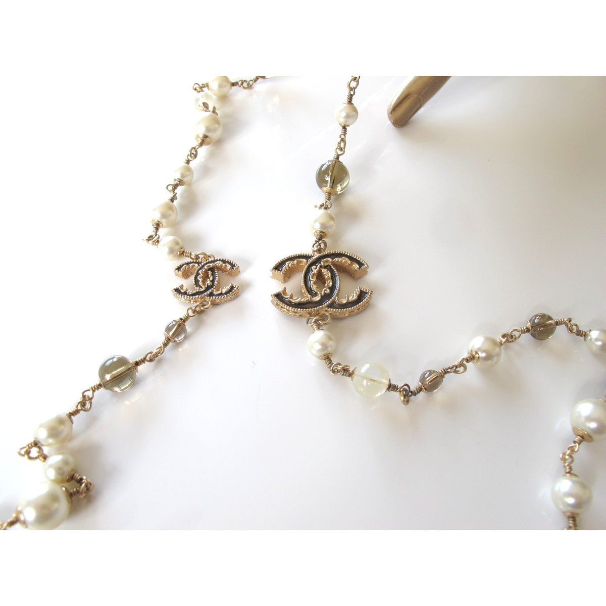 Chanel 2013 Aged Gold Long Sautoir Poured Glass Pearls Gripoix Enamel CC, Box! - poupishop