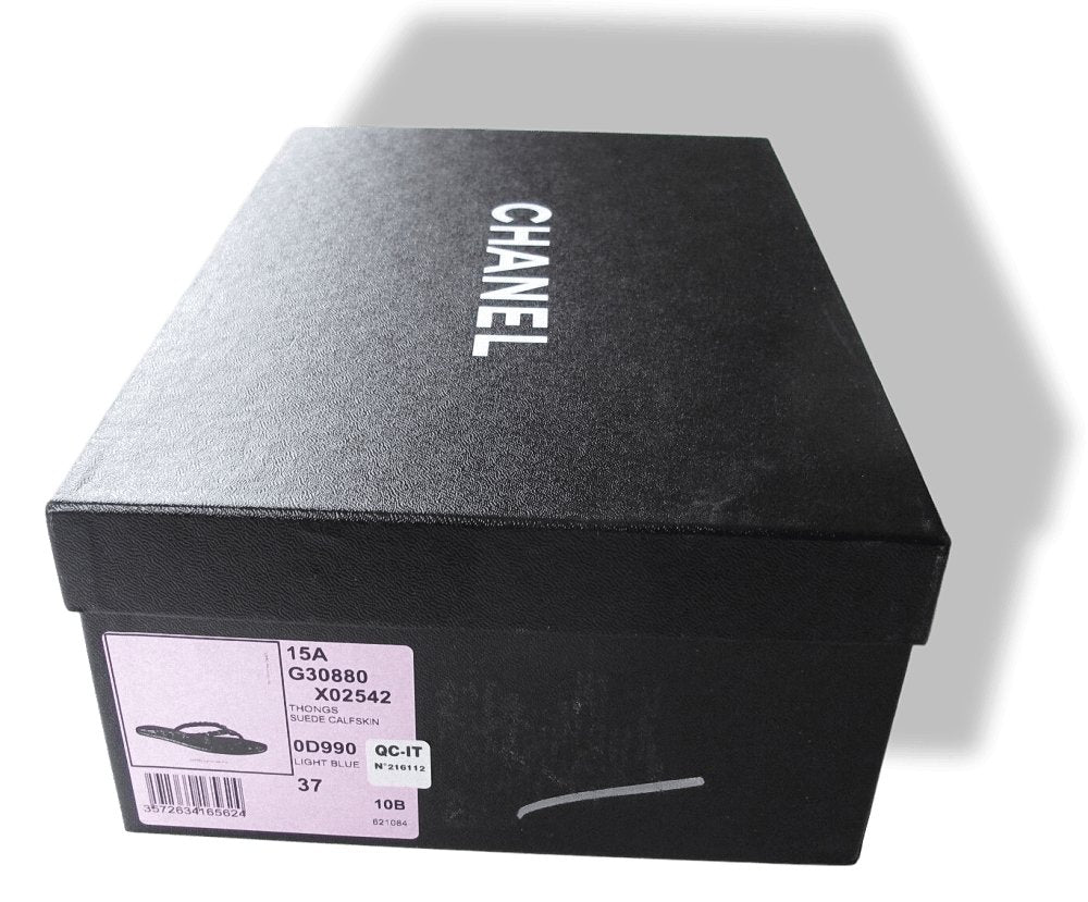Chanel 2015 Blue Leather Tongs Intertwined Chains Flat Women Shoes, Sz37, NIB! - poupishop