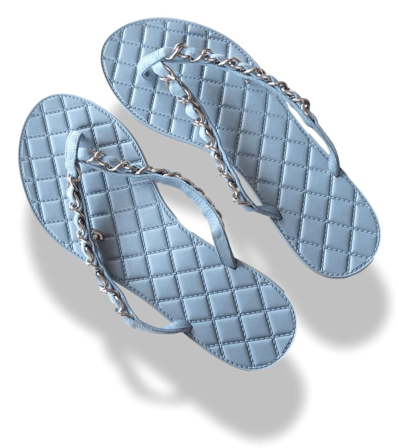 Chanel 2015 Blue Leather Tongs Intertwined Chains Flat Women Shoes, Sz37, NIB! - poupishop