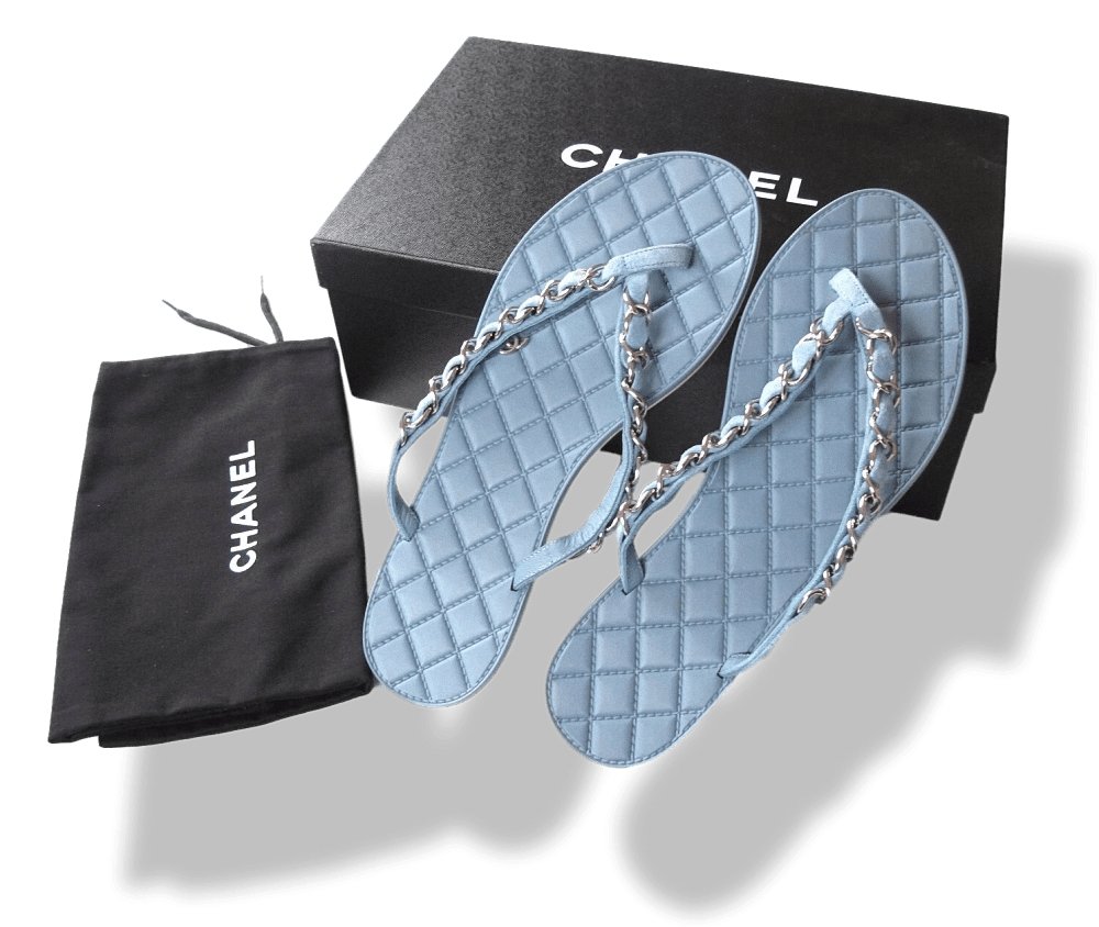 Chanel 2015 Blue Leather Tongs Intertwined Chains Flat Women Shoes, Sz37, NIB! - poupishop